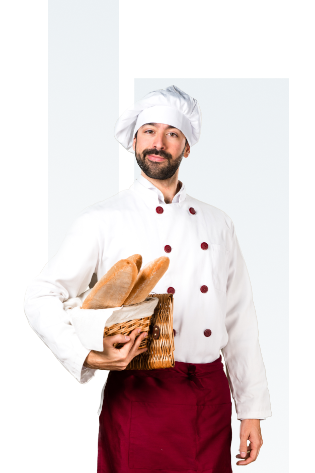 A decorative image of a cook holding fod